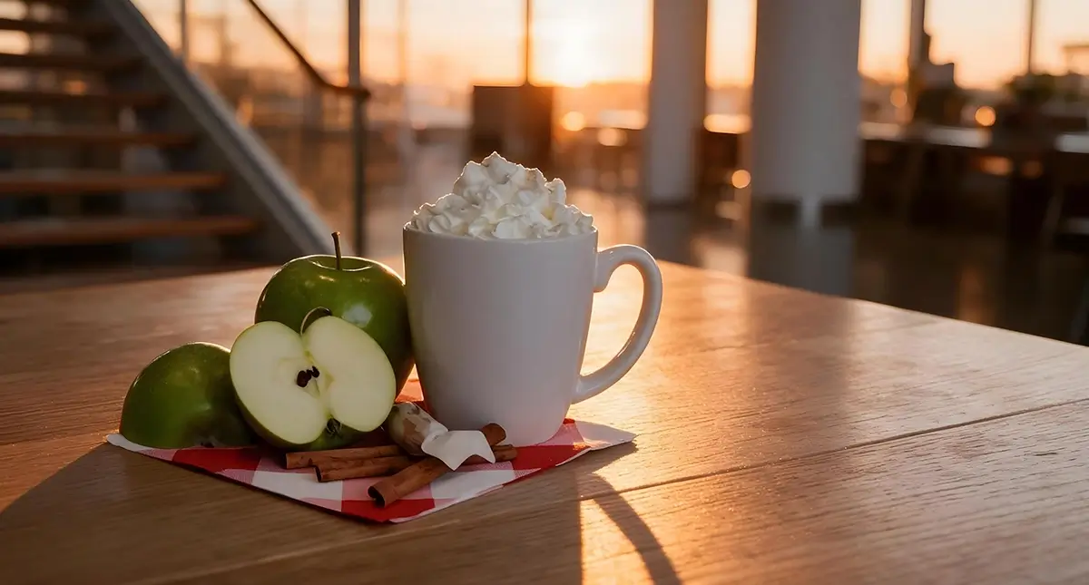 A white mug topped with whipped cream sits beside whole and sliced green apples and cinnamon sticks on a wooden table, with sunlight streaming in through large windows in the background.