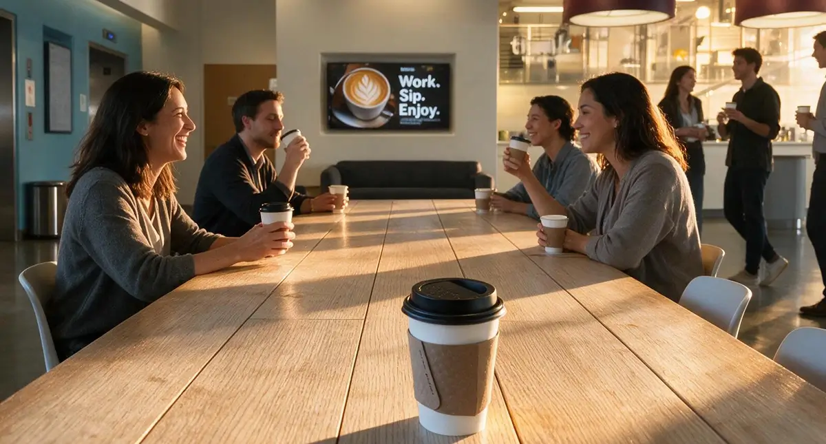 Four people sit at a long table, smiling and holding coffee cups. Two more people chat in the background near a counter. A screen on the wall reads, Work. Sip. Enjoy. Sunlight fills the modern, open space.