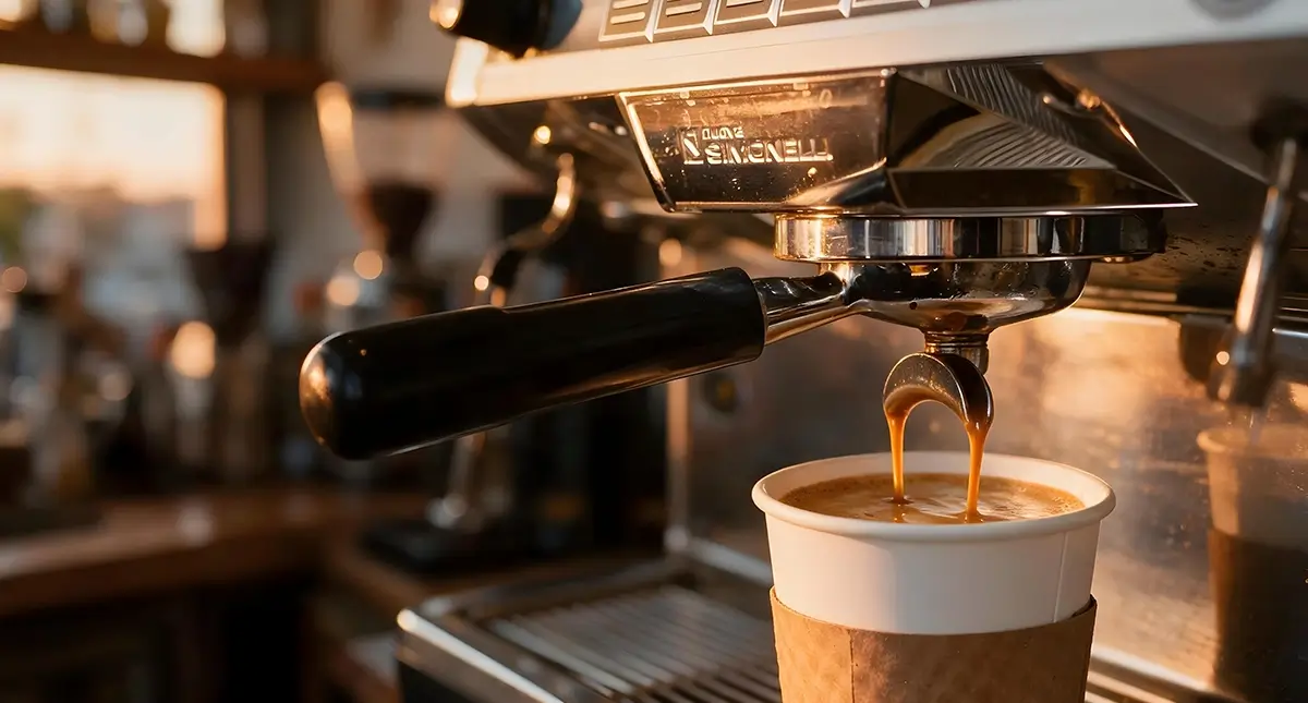 Espresso machine brewing coffee into a white paper cup with a cardboard sleeve, in a warmly lit café setting.