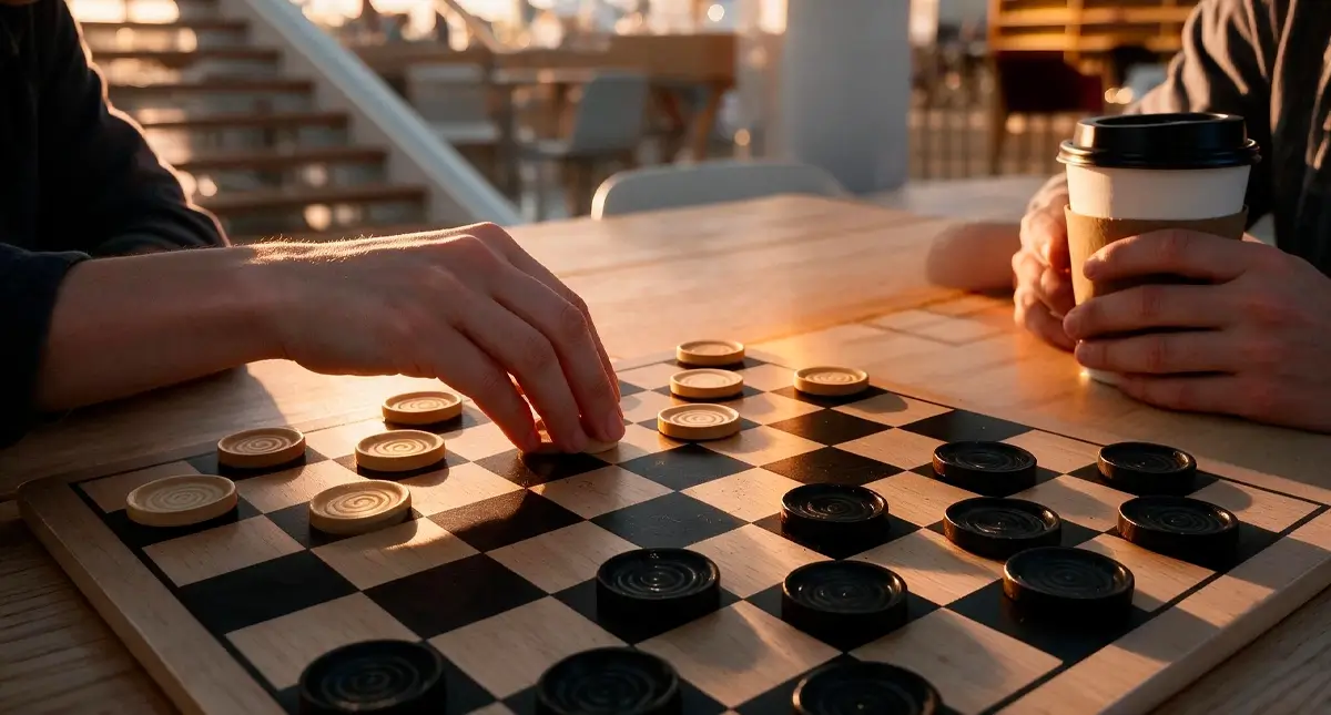 Two people sit at a wooden table playing checkers. One hand moves a piece, while the other holds a disposable coffee cup. Sunlight streams in from the background, softly illuminating the scene.