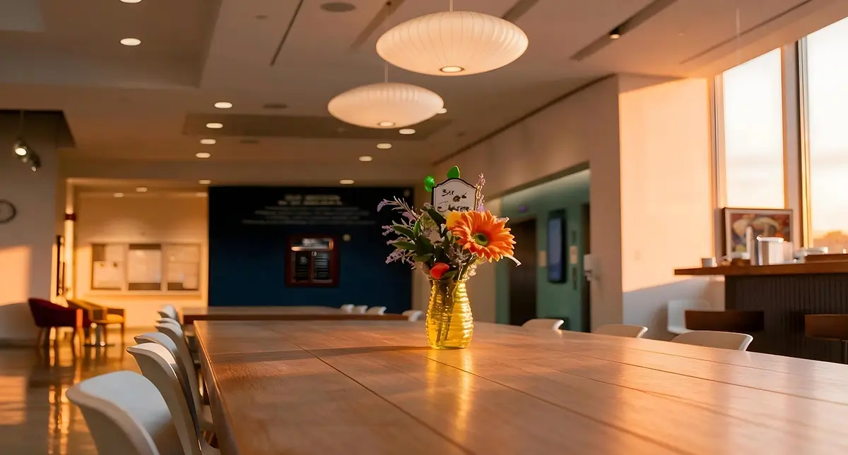 A vase with sunflowers and a card sits on a wooden table in a sunlit, modern dining area with white chairs and pendant lights.