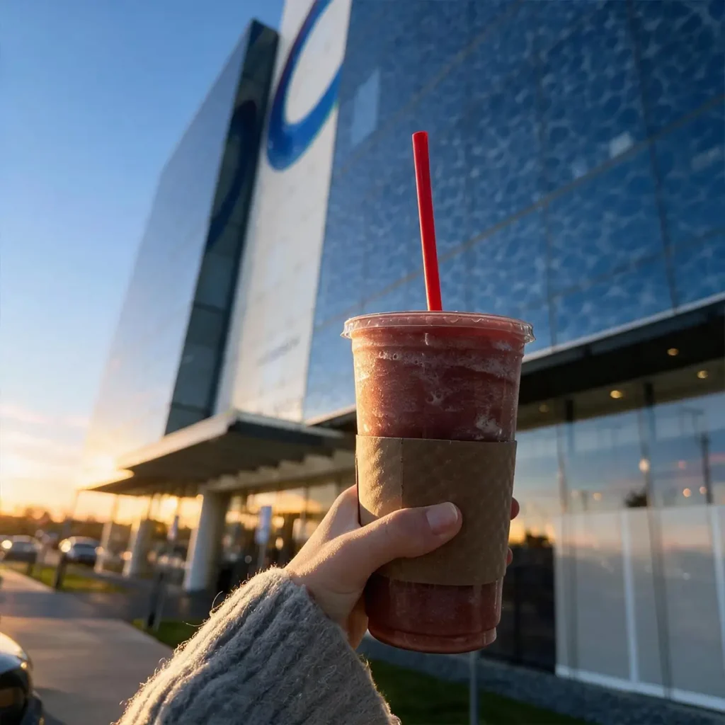 A hand holding a red slushie drink with a straw, in front of a modern glass building at sunset.