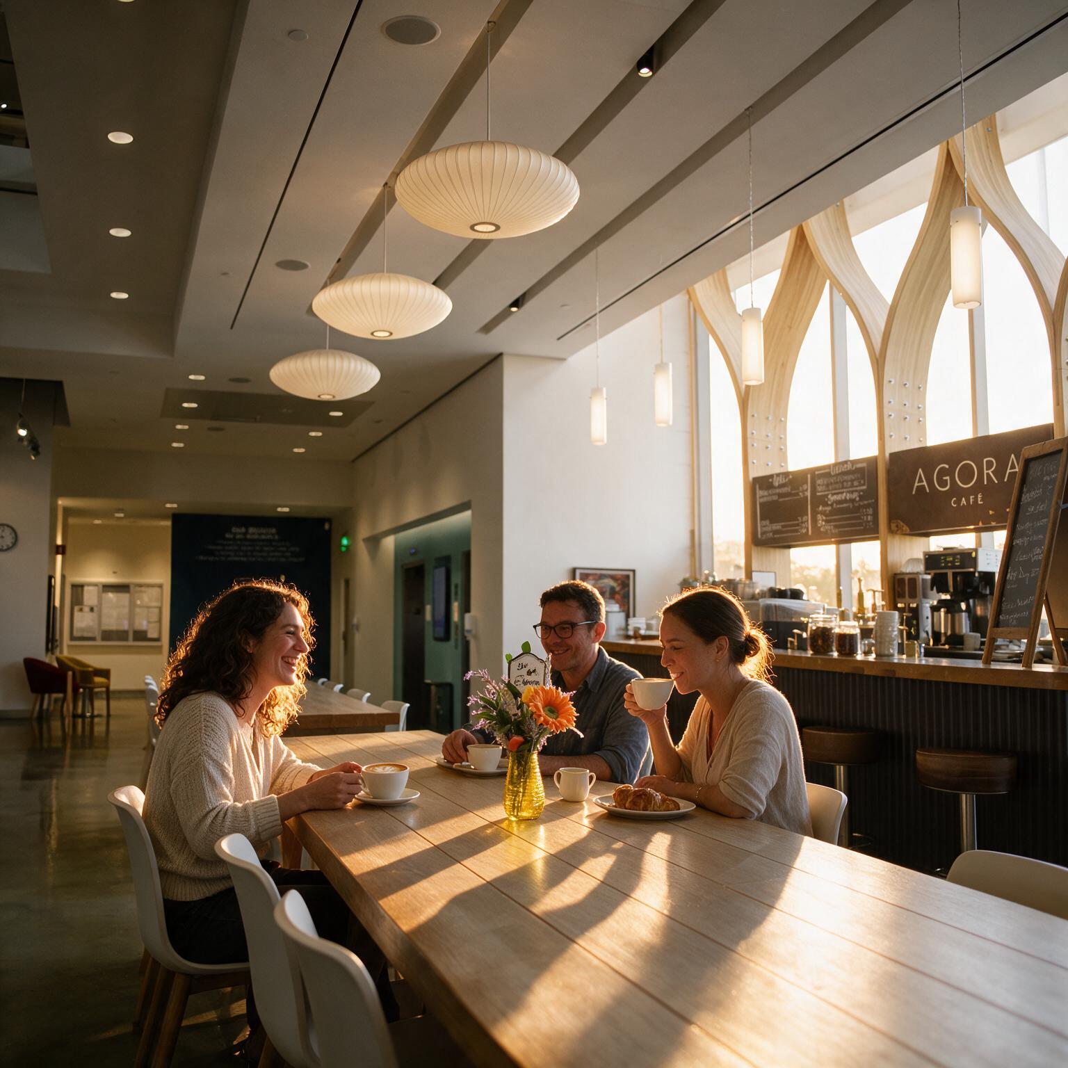 Three people sit at a table in a modern café, chatting and smiling over coffee and pastries. Warm sunlight streams through large windows, illuminating flowers in a vase on the table.