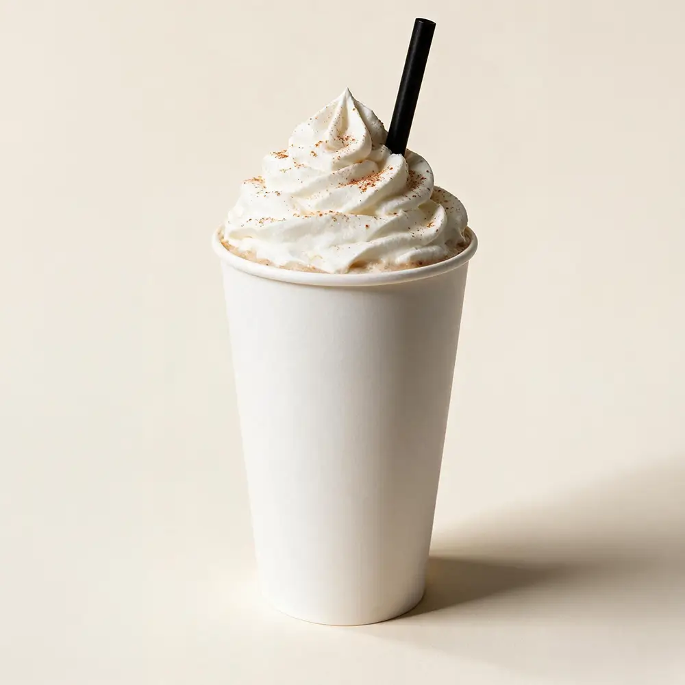A white paper cup filled with a creamy beverage, topped with swirled whipped cream, a sprinkle of cinnamon, and a black straw, set against a plain light background.