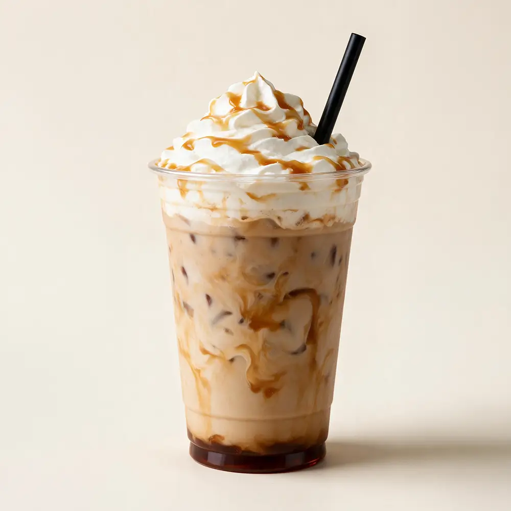 Iced caramel latte in a clear plastic cup with swirled caramel, ice, whipped cream topping, caramel drizzle, and a black straw against a light background.