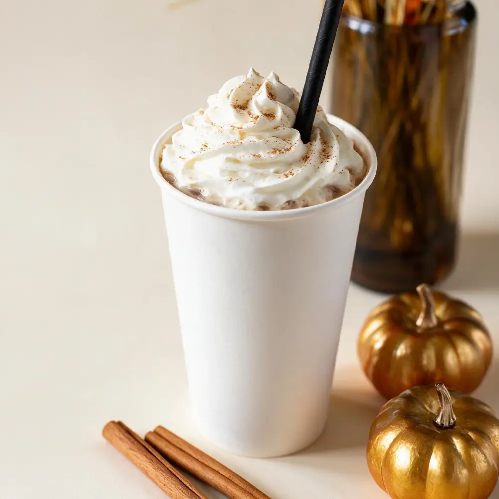 A white paper cup with whipped cream and a black straw, next to cinnamon sticks and two small decorative golden pumpkins on a light surface.