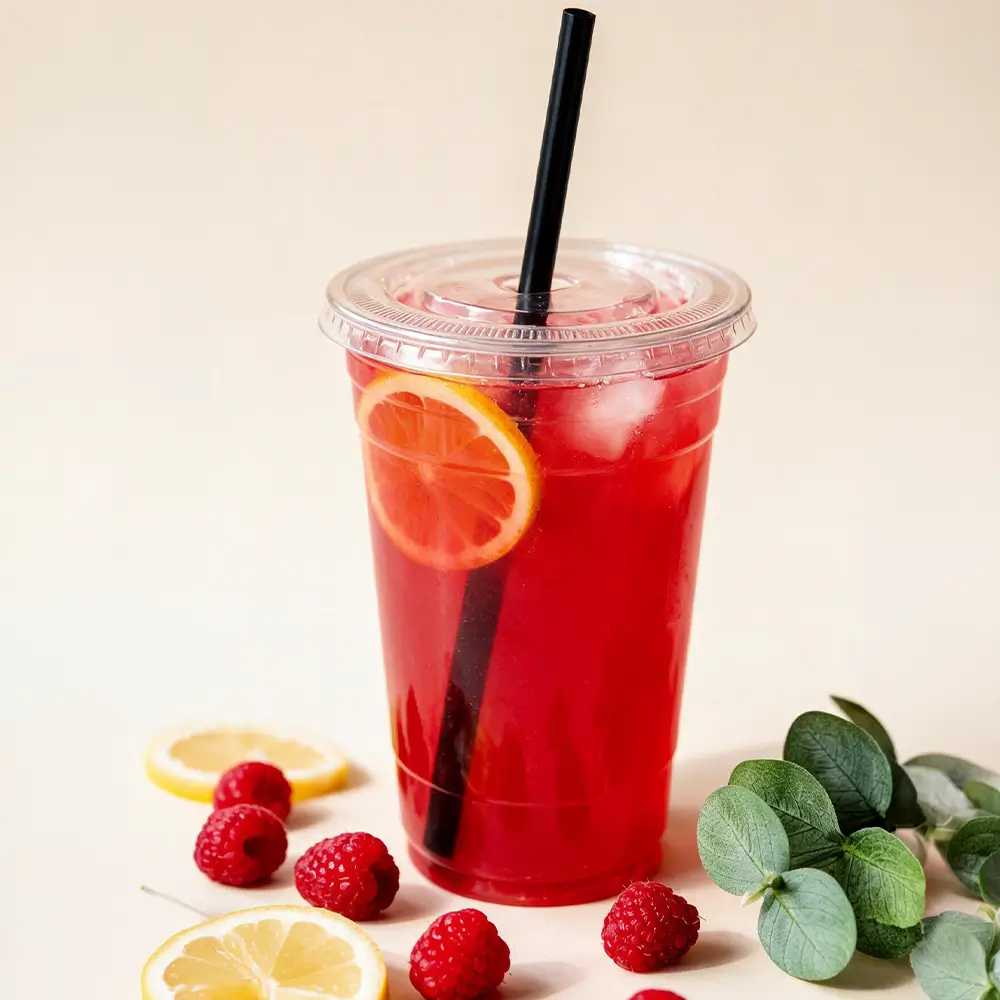 A clear plastic cup of red iced drink with a black straw, garnished with a lemon slice. Raspberries, lemon slices, and green leaves are scattered around the cup on a light background.